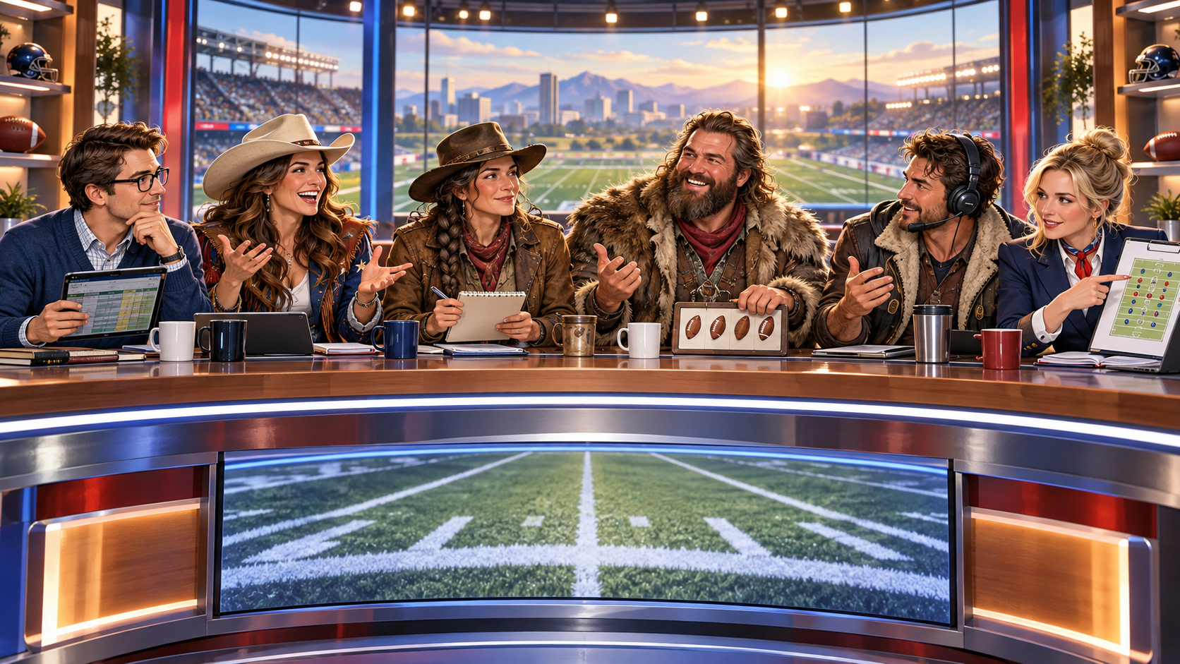 All six Crew League managers discussing Sunday football around the studio desk